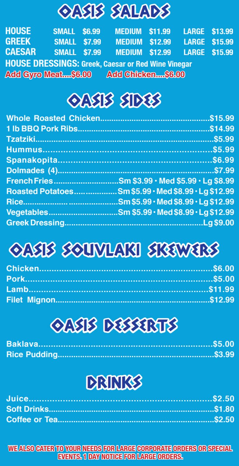 Oasis Side, Salads, Desserts & Drinks
